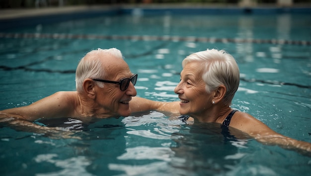 An older couple is swimming in a pool