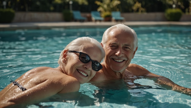 An older couple is swimming in a pool