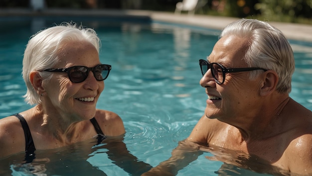 An older couple is swimming in a pool