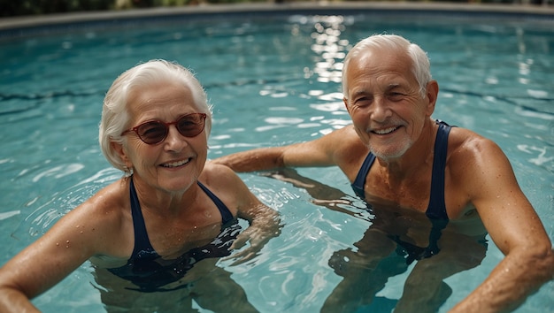 An older couple is swimming in a pool