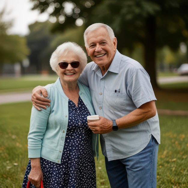 an older couple posing for a photo in a park