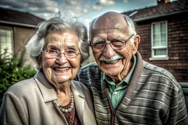 an older couple posing for a photo with a house in the background