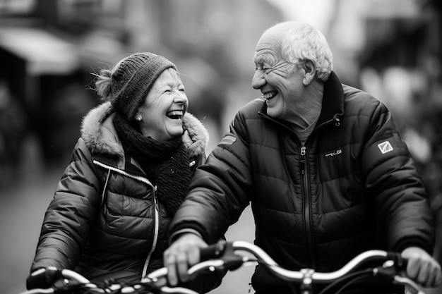 an older couple riding a bike with a smile on their face