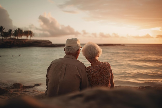 An older couple sits on the beach looking at the sunset