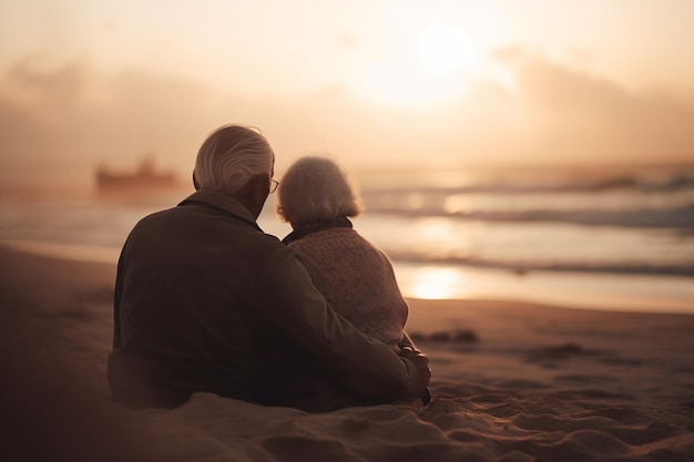 An older couple sitting on the beach looking at the sunset