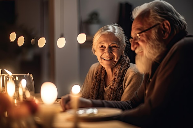 An older couple sitting at a table with lit candles