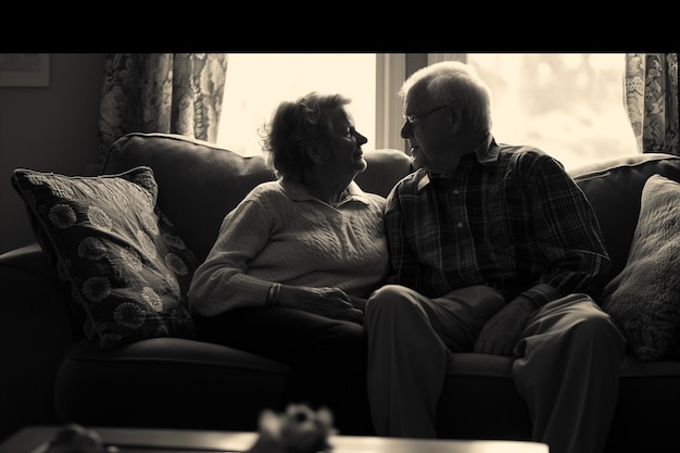 older couple talking while sitting on a couch