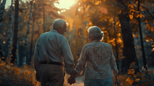 older couple walking in the woods holding hands generative ai