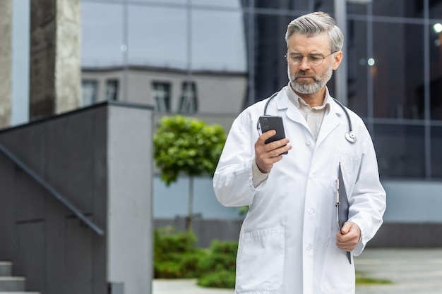 An older grayhaired male doctor is standing outside the clinic in a uniform and holding a folder