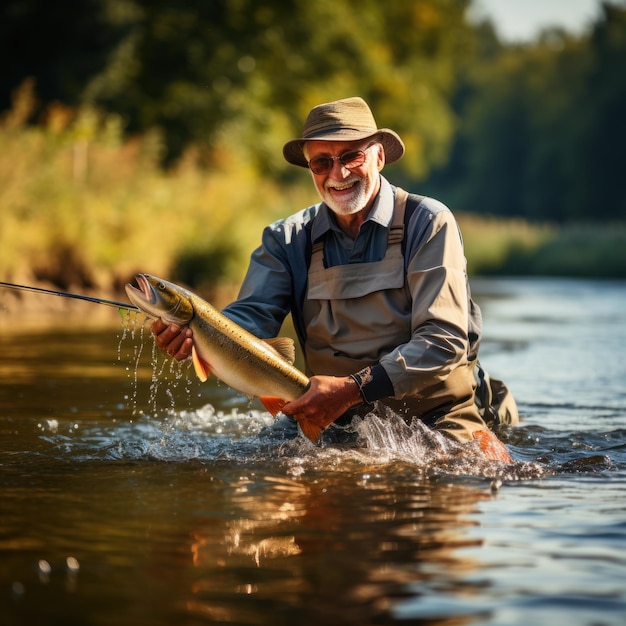 Older man catching a fish while fly fishing in a river