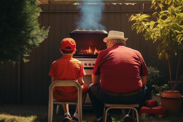 Older man grill day with boy Food party Generate Ai