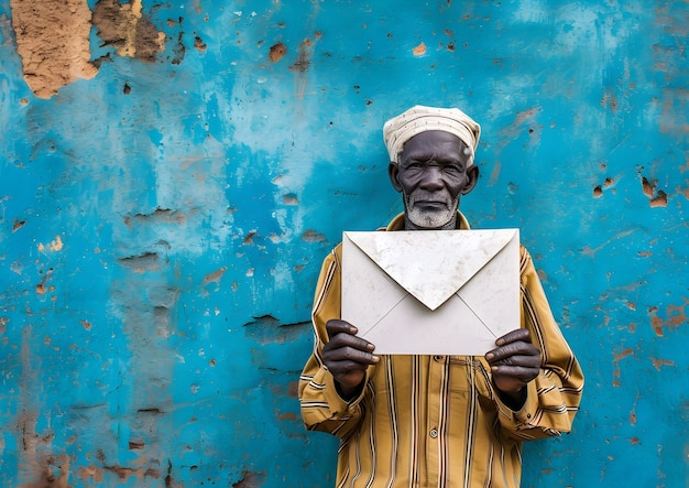 an older man holding an envelope in front of a blue wall