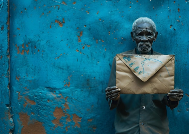 an older man holding an envelope in front of a blue wall