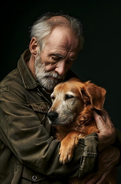 an older man holding hugging and kissing his golden retriever dog