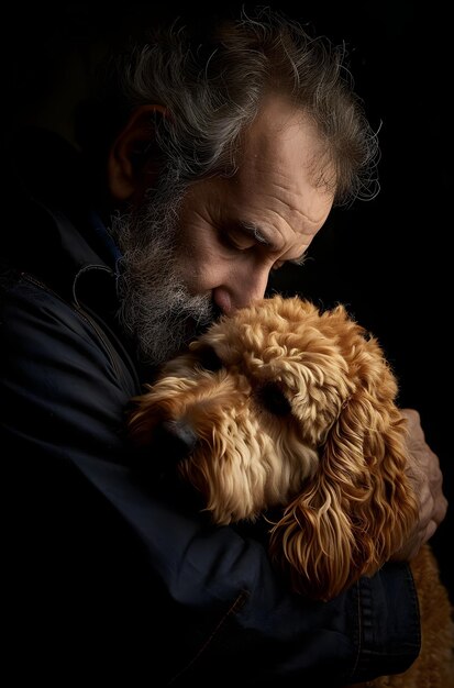 an older man holding hugging and kissing his golden retriever dog