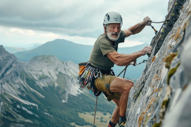 Older Man Rock Climbing with Safety Gear on Mountain