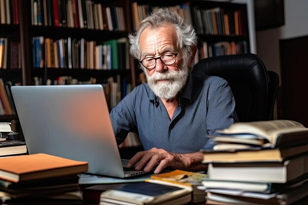 Photo an older man sitting at a desk with a laptop generative ai