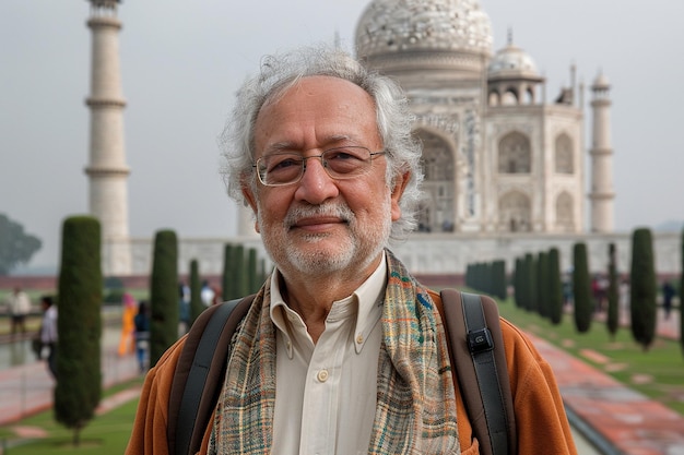 Older man on vacation with backpack taking a selfie in front of the Taj Mahal Agra