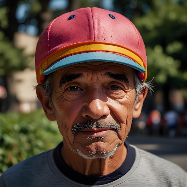 an older man wearing a red hat with a rainbow stripe on it