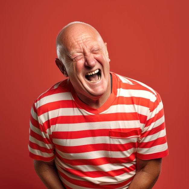 an older man wearing a red and white striped shirt laughing for the camera