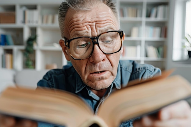 Older man with glasses with vision problems struggling to read the fine print in a book