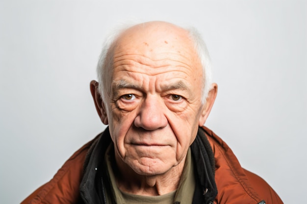 an older man with a jacket on looking at the camera