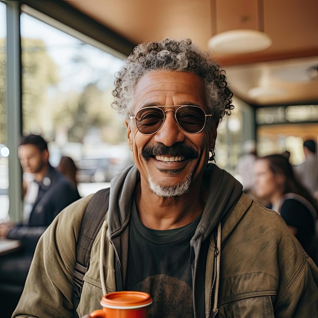 Older man with mustache enjoying coffee in afrofuturisminspired setting