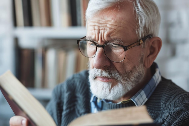 Older man with vision problems trying to read a book