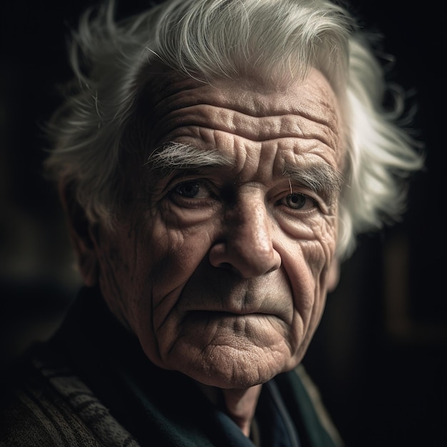 An older man with a wrinkle on his face is looking at the camera.