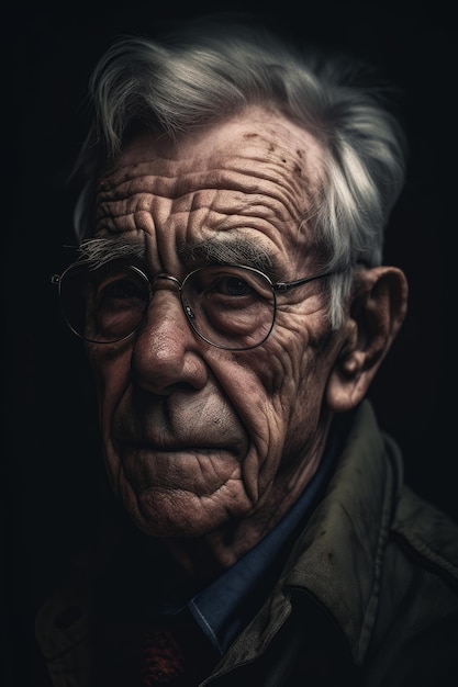 An older man with a wrinkly face and a dark background.