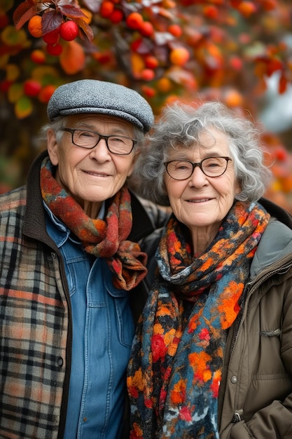 Older man and woman are smiling at the camera while posing for picture under some trees