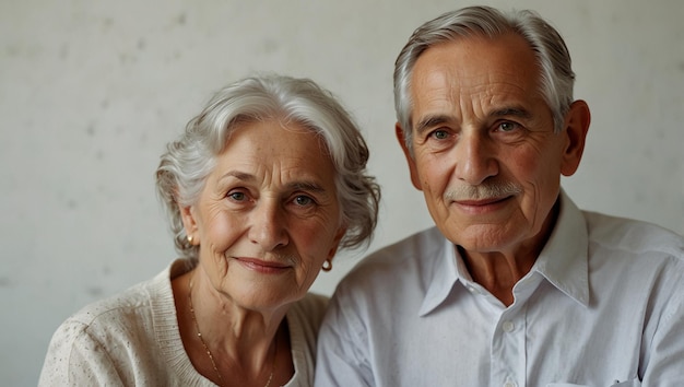 An older man and woman are standing close to one another