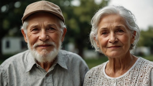 An older man and woman are standing close to one another