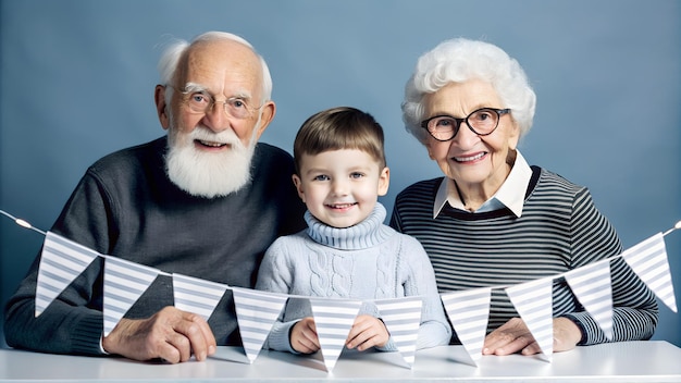 an older man and a young boy pose for a picture with a paper boat and a paper boat