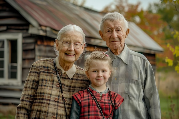 Photo older man and young girl standing next to each other in front of building