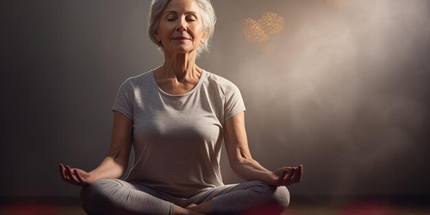 An older mature and friendly elegant woman meditating and doing yoga with calm and serene demeanor