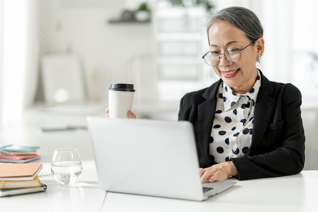 Older senior businesswoman 60s grayhaired lady executive leader manager using laptop in office portrait