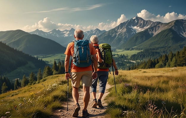 Older travelers go hiking against the backdrop of beautiful nature