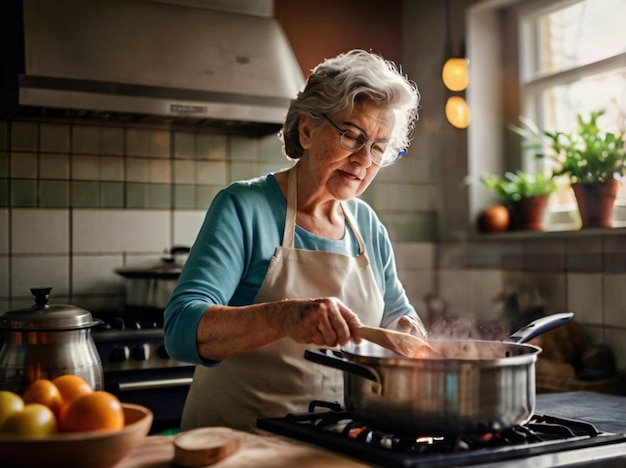 an older woman cooking in a kitchen with a pot of food