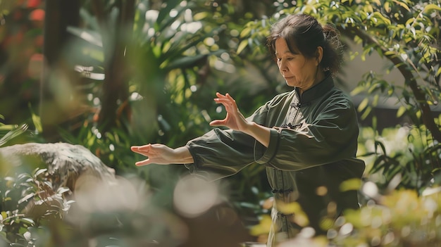 Photo an older woman in a green shirt practices tai chi in a lush garden setting