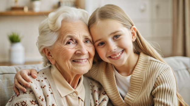 Photo an older woman and her granddaughter smiling at the camera