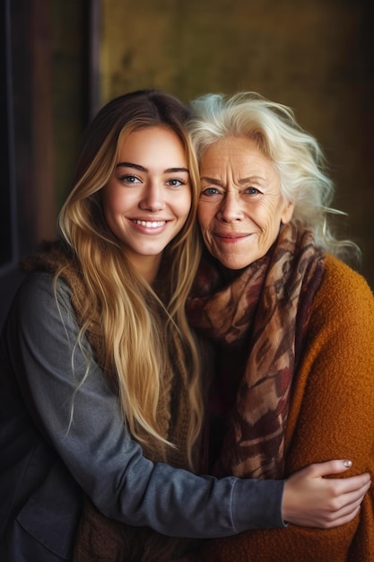 Older woman hugging younger woman with long blonde hair and scarf around her neck Generative AI