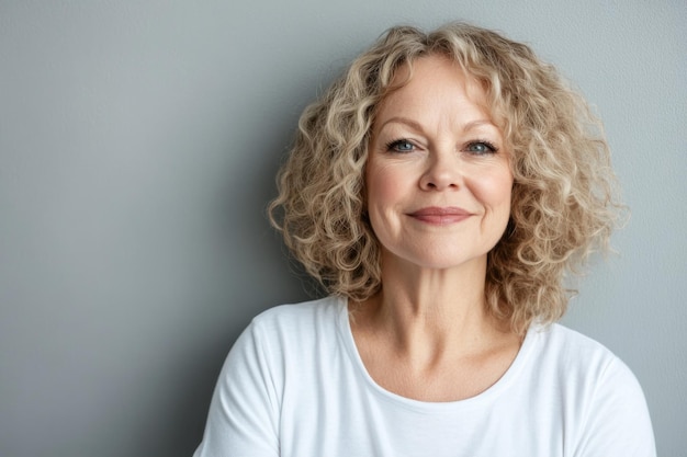 An older woman is pictured standing in front of a white wall