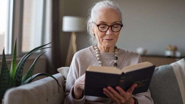 Photo an older woman is reading a book with a blue book titled  the name  on the side