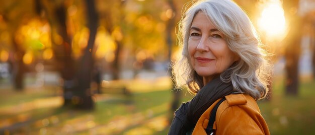 An older woman stands in a sunlit park with autumn foliage smiling gently and embodying warmth and contentment