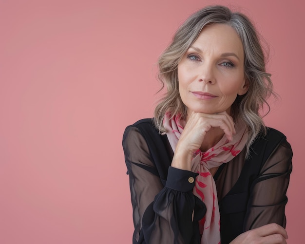 Photo an older woman wearing a black shirt and pink scarf