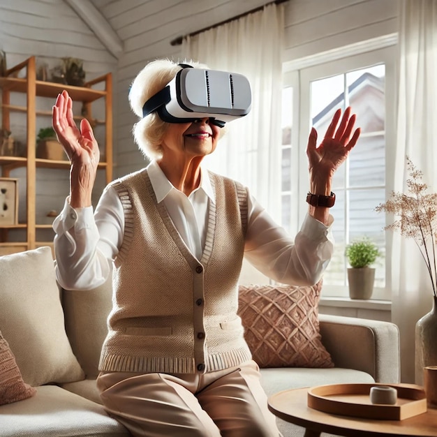 an older woman wearing a virtual reality headset