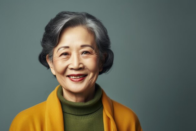 An older woman wearing a yellow jacket with a warm smile Suitable for lifestyle and fashionrelated content