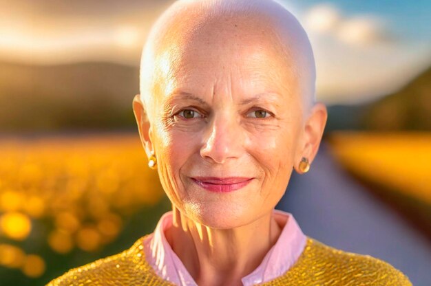 Older woman who has been cured of cancer on a sunset