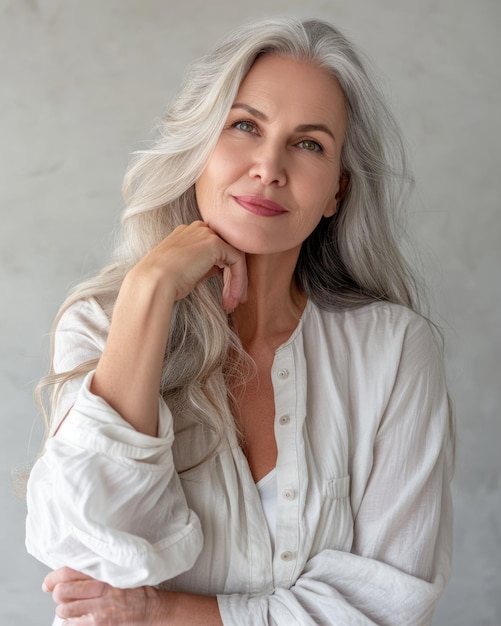 An older woman with gray hair posing for the camera